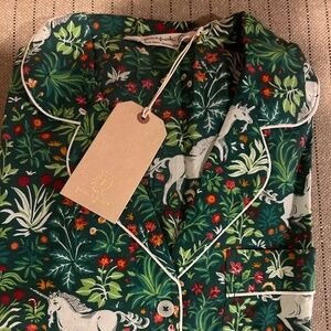Printfresh pajama set. NWT. Unicorn’s Garden pattern in green. Size XS.